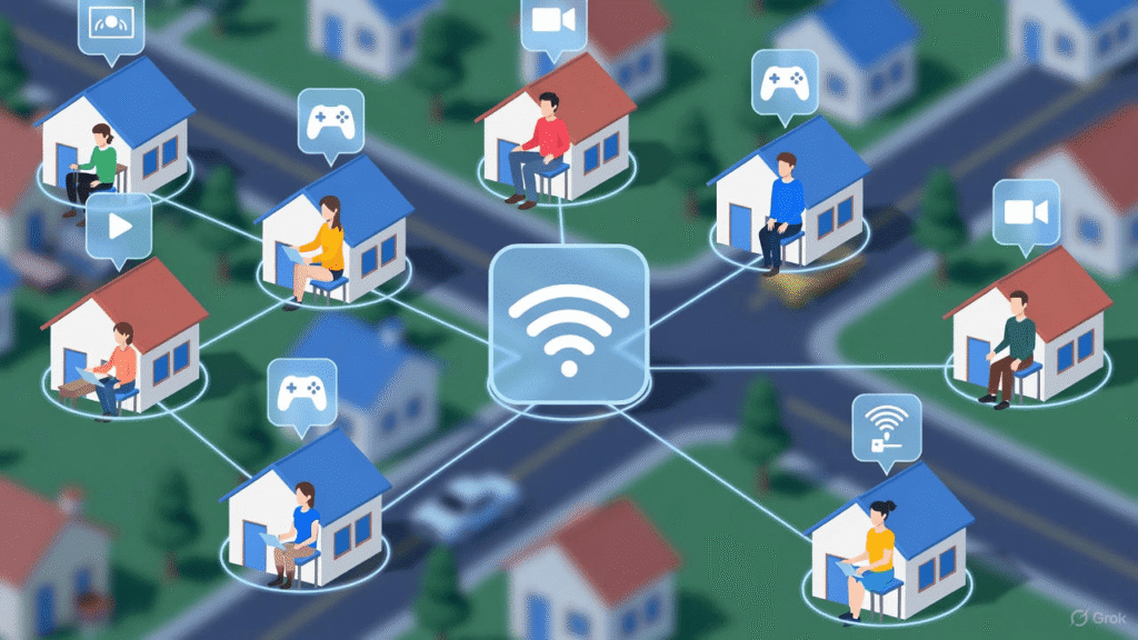 Ilustrasi jaringan internet dari rumah-rumah di kawasan perumahan